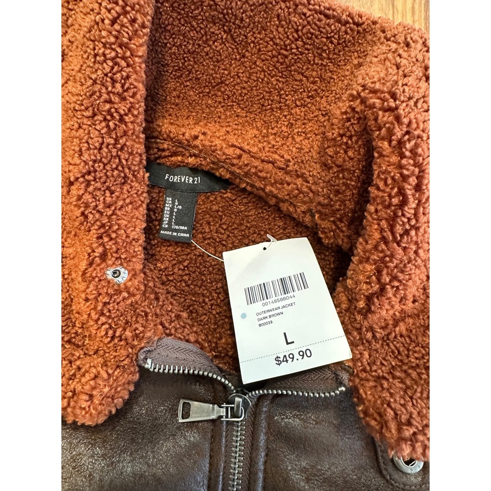 Forever 21 Women's L Brown Faux Leather Sherpa Lined Aviator Jacket